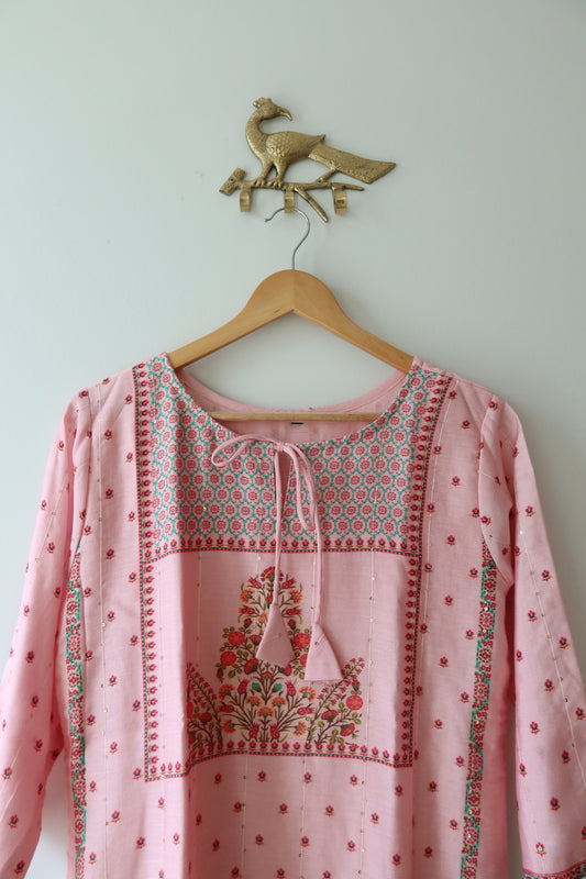 Buttery Soft Baby Pink 3-Piece Kurti Set- 40, New