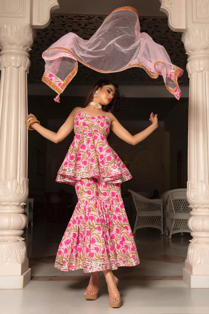 Pink Block Printed Sharara Set - Size 40/42, Preloved