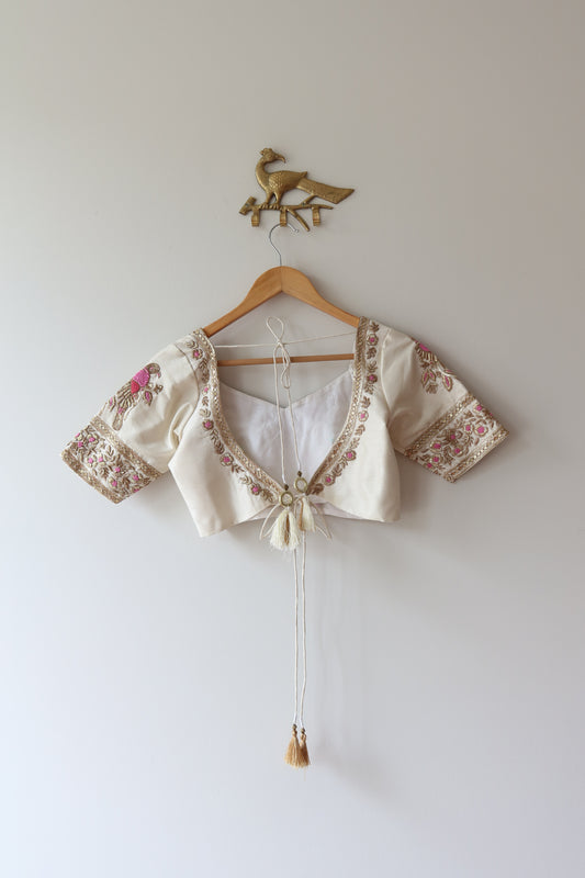 White Silk Blouse with Hand-Embroidered Pink Zari Work - 34/36, New