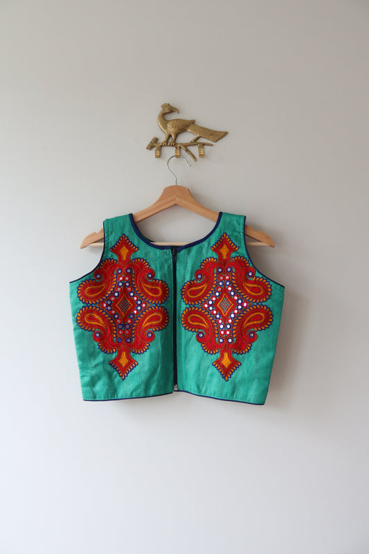 Kutch Embroidered Teal & Red Top- 38, New