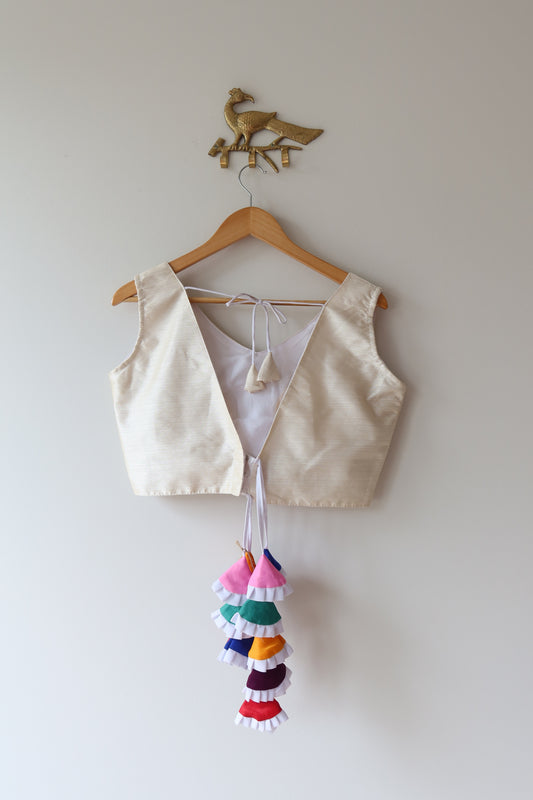 White Silk Blouse with Colorful Tassels- 36, New