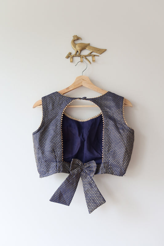 Navy Blue Sleeveless Brocade Blouse - 40, Preloved