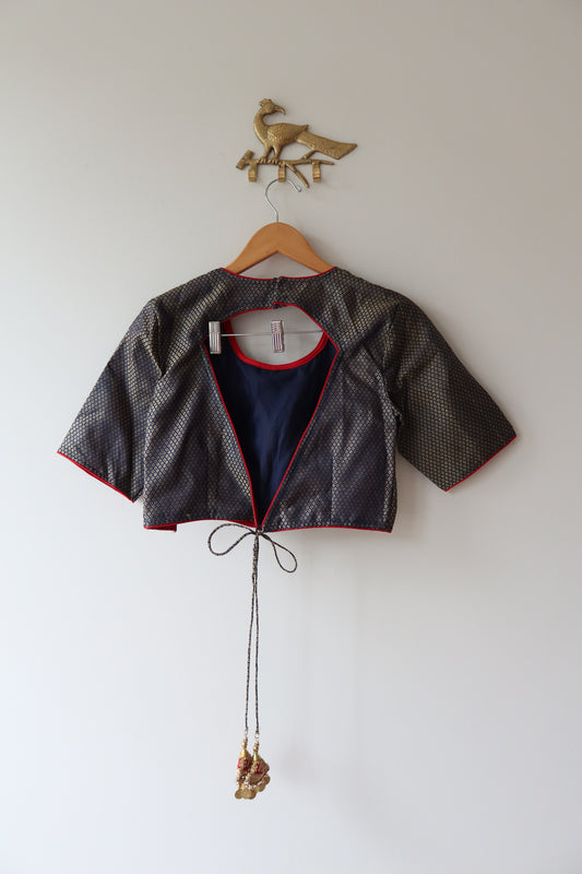 Navy Blue & Red Brocade Blouse- 40/42, New