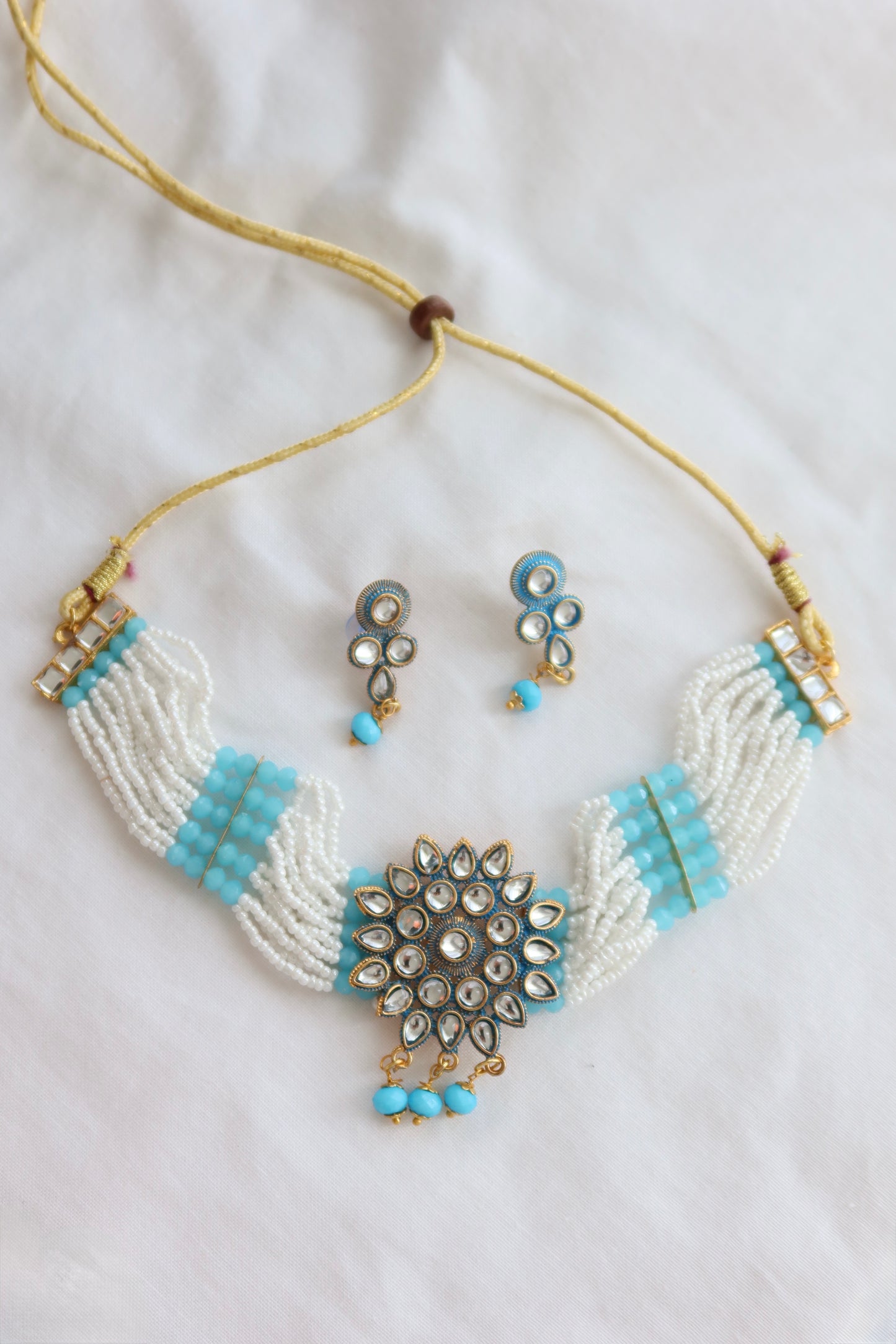 Elegant Choker and Earrings Set - New, Peach/Blue
