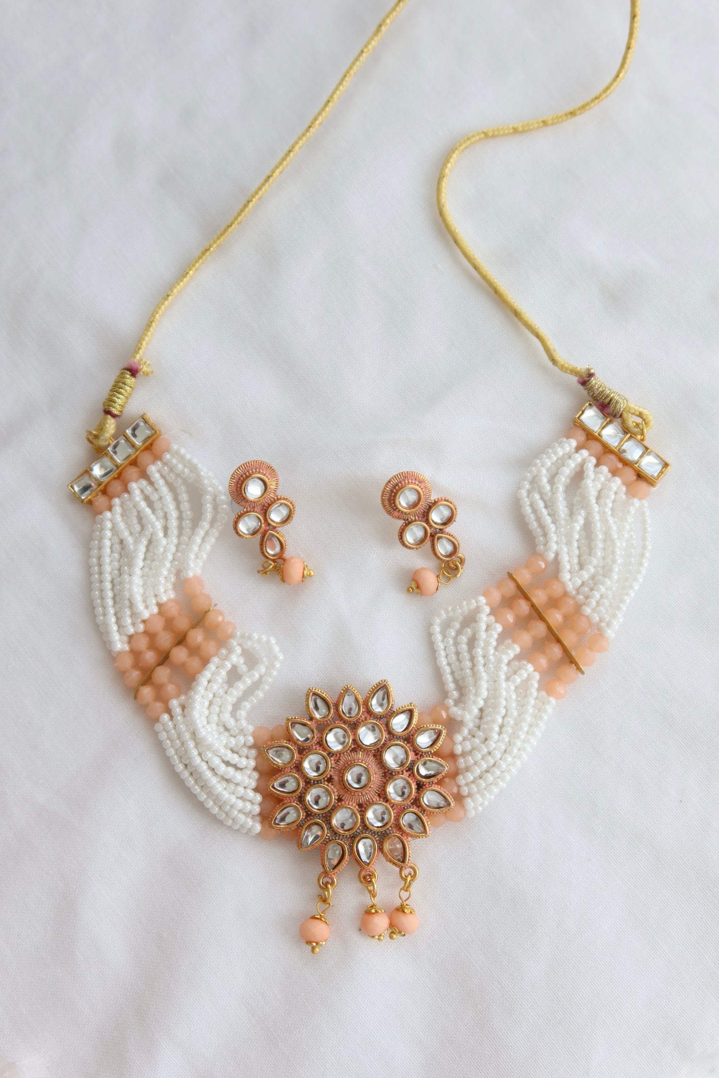 Elegant Choker and Earrings Set - New, Peach/Blue