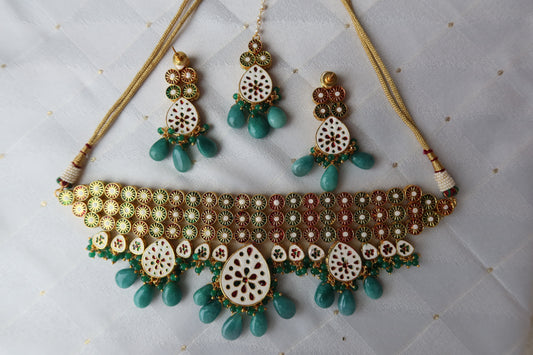 Gold Plated Kundan Polki & Green Beaded Necklace Set - New