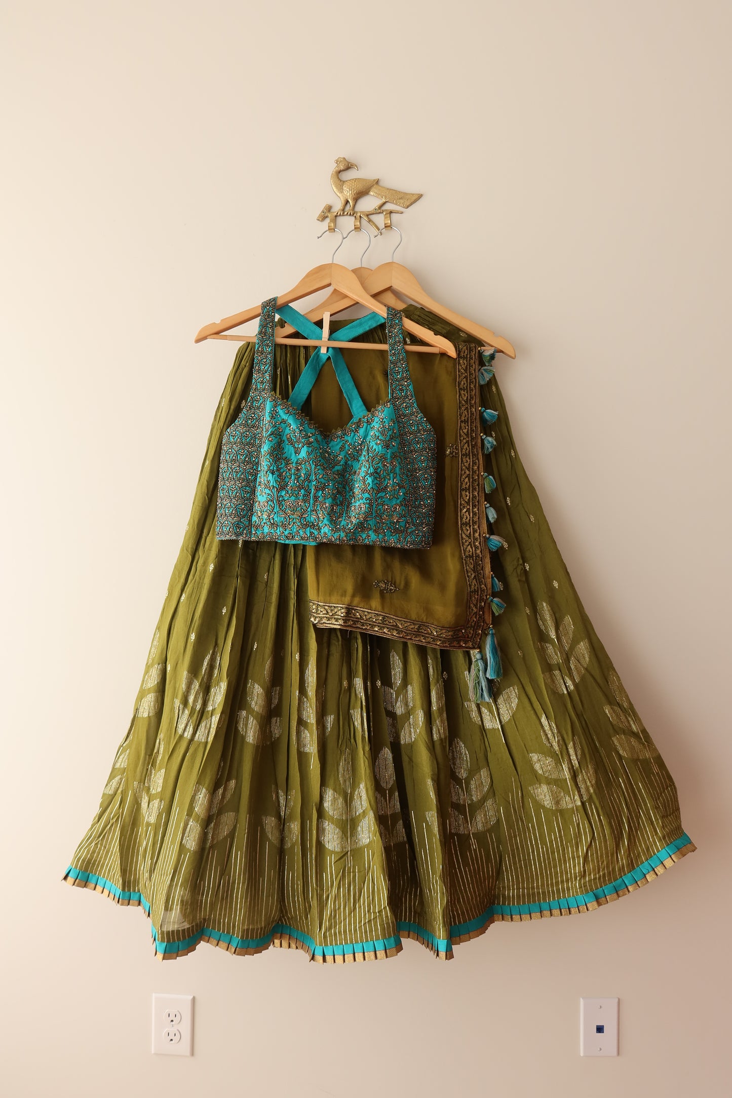 Blue And Green Silk Lehenga Set - Size 42, Preloved