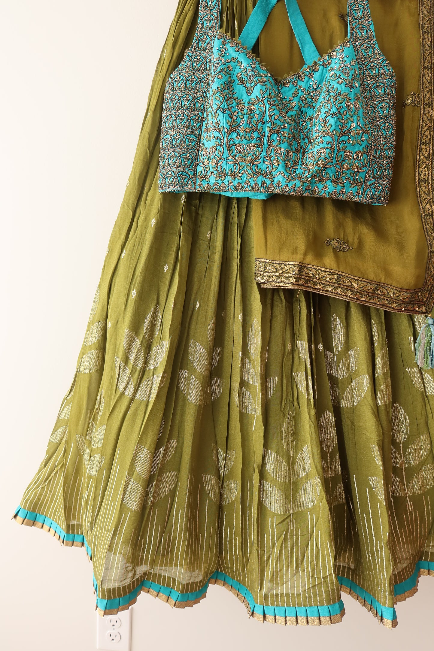 Blue And Green Silk Lehenga Set - Size 42, Preloved