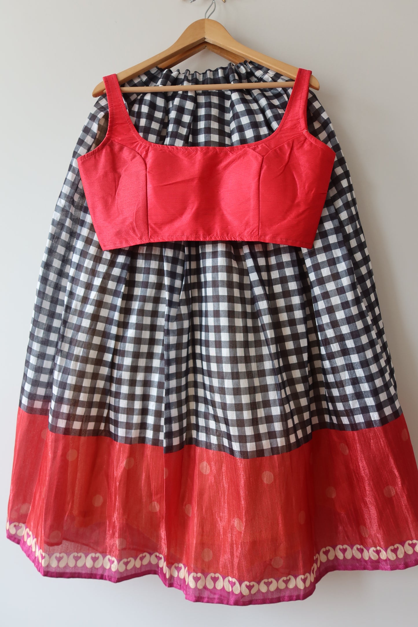 Pink Red Plaid Silk Lehenga Set - Size L, New