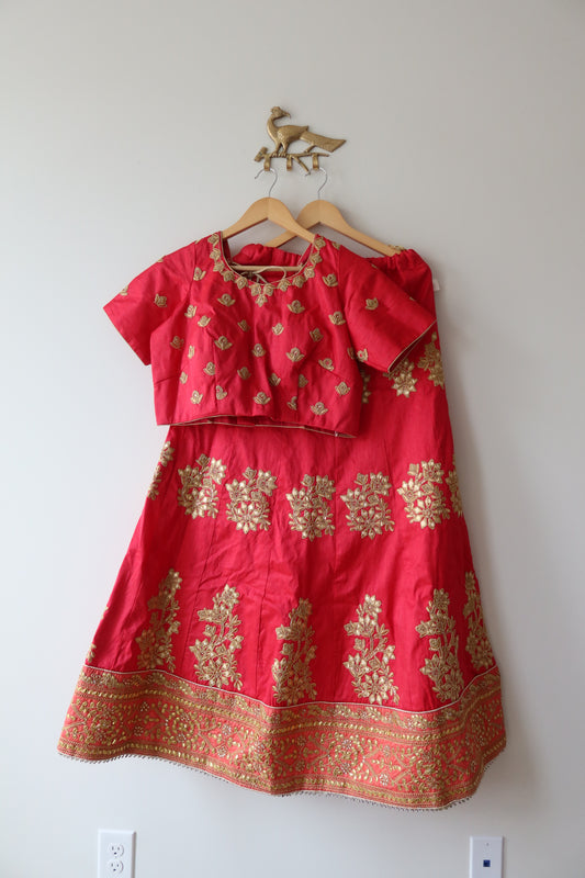 Hot Pink Silk Lehenga Set With Peach Coral Dupatta - Size 42, Brand New