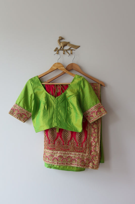 Green and Pink Silk Sari Set - New