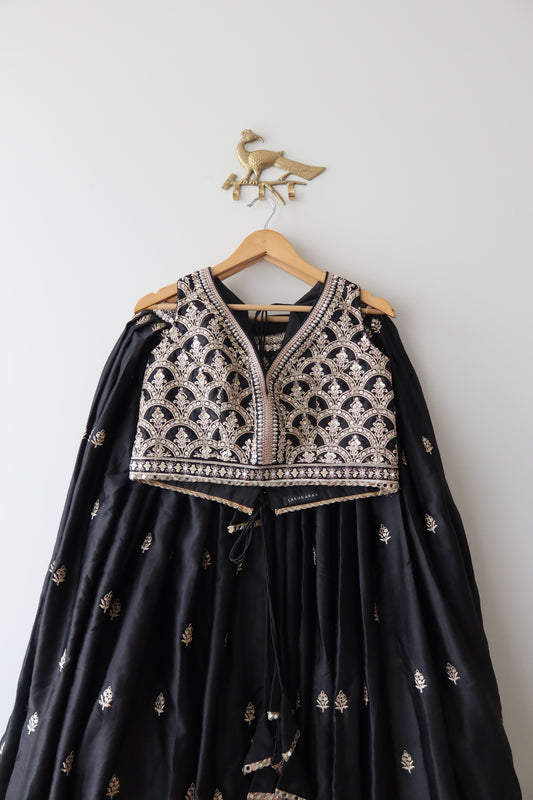 Black and Gold Embroidered Satin Lehenga Set - Preloved, 42/44