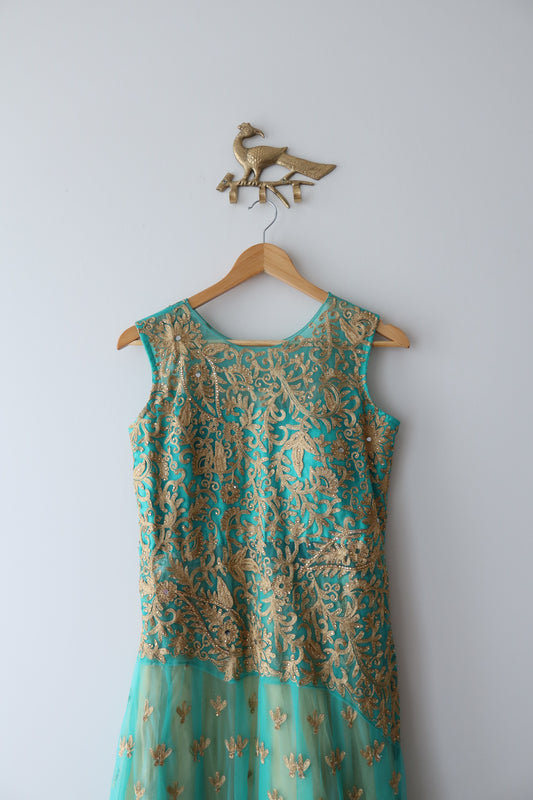 Teal & Gold Net Gown - Size 36, New