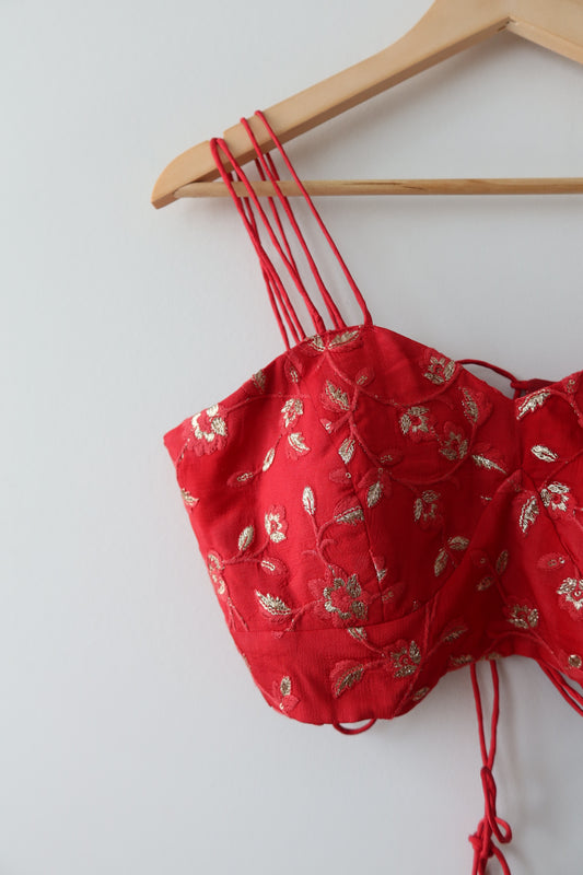 Strappy Cherry Red Top with Gold Threadwork- New