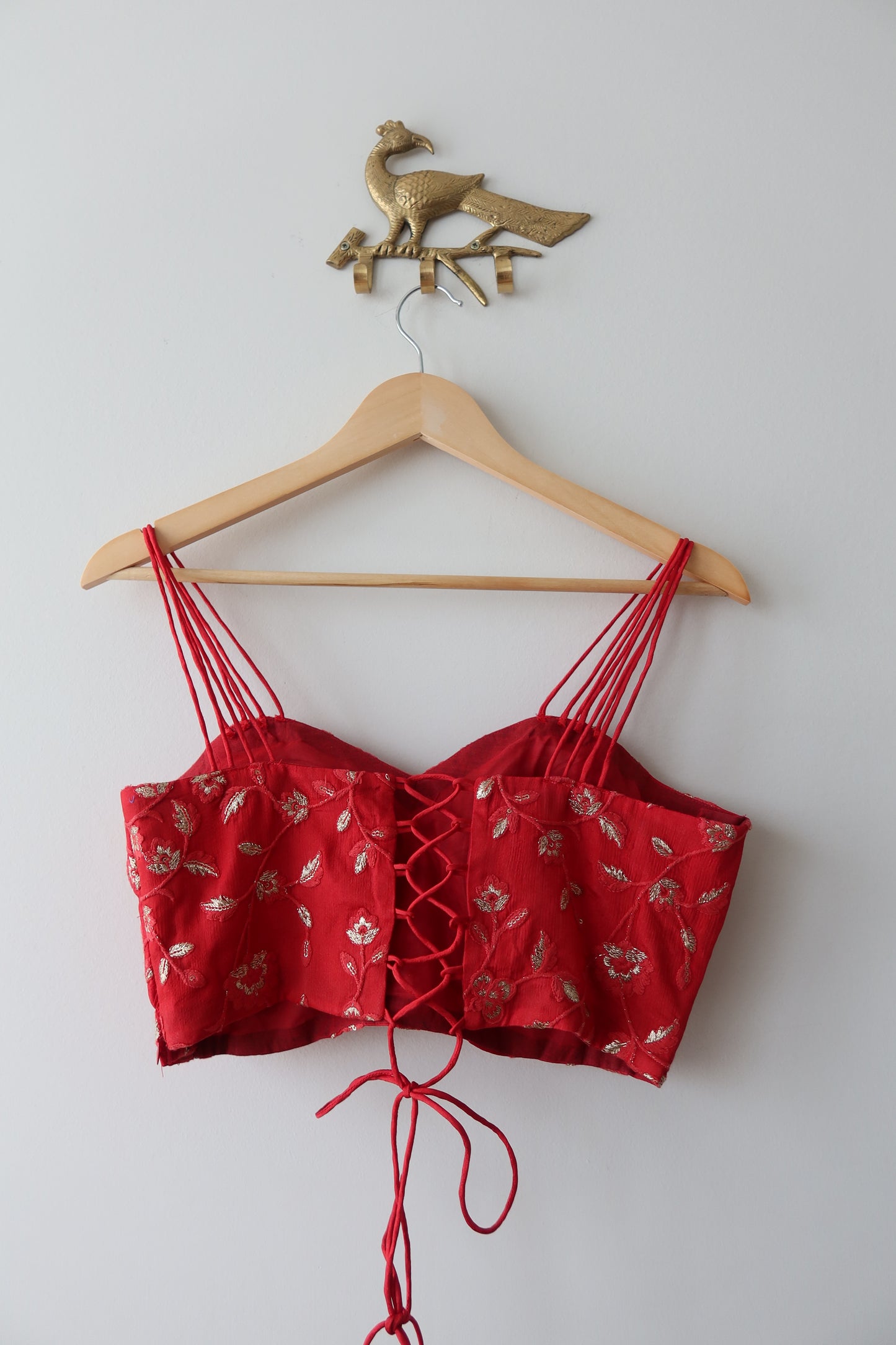 Strappy Cherry Red Top with Gold Threadwork- New