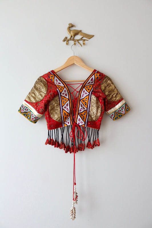 Red and Gold Block Print Lehenga Choli - New, M/L