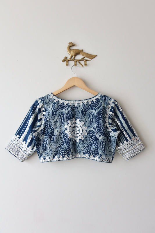 Blue and White Paisley Print Lehenga Choli - New, XL/XXL