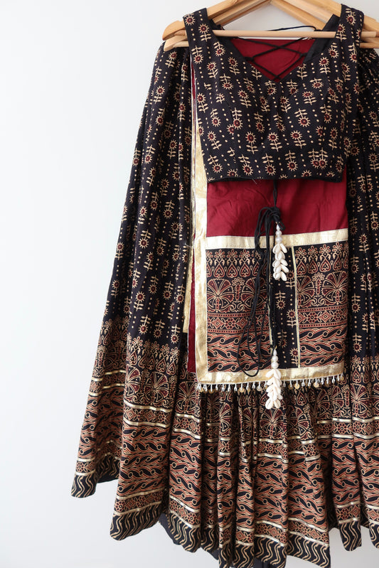 Black and Red Cotton Block Print Lehenga Choli - New, S/M