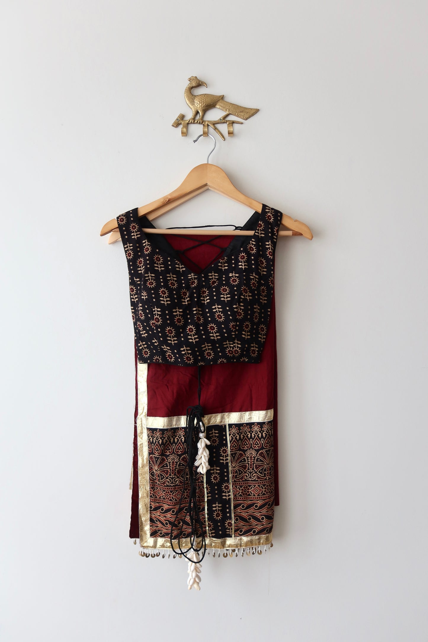 Black and Red Cotton Block Print Lehenga Choli - New, S/M