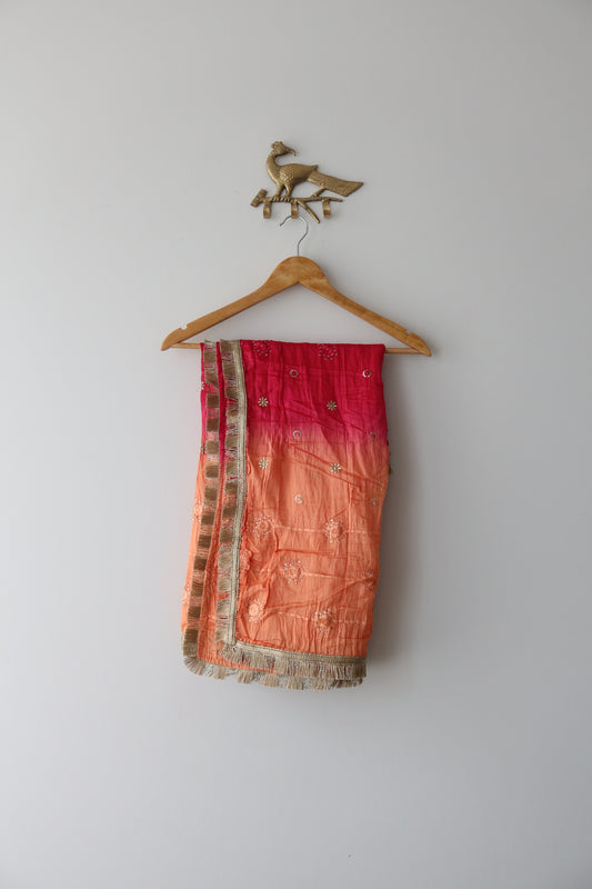 Beige Anarkali Gown with Ombre Berry-Peach Dupatta