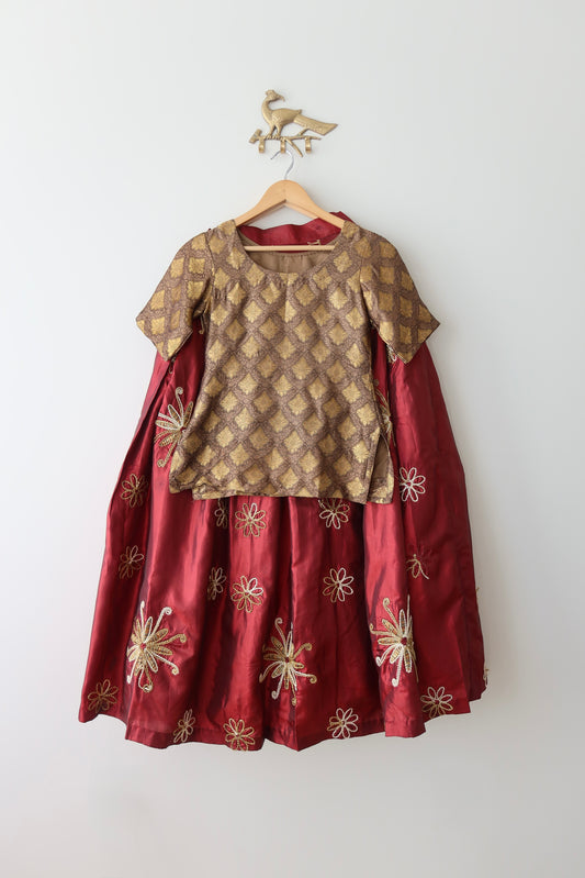 Maroon & Gold Silk Lehenga Set