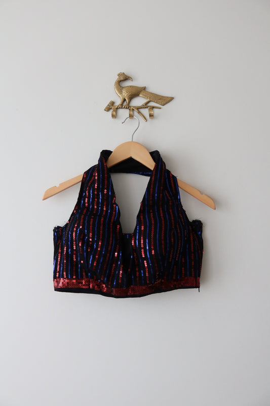 Black Georgette Sequin Lehenga Set with Red & Blue Stripes