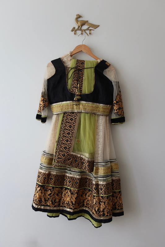 White & Black Net Lehenga with Neon Green & Bronze Gold Embroidery