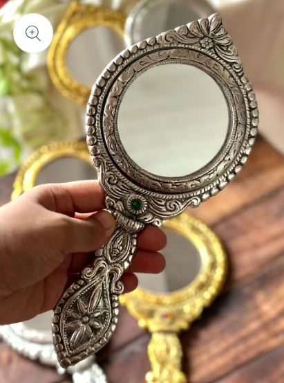 German Silver Handheld Mirror With Intricate Design - One Size, Brand New