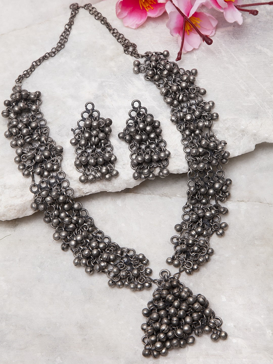 Silver-plated Ghungroo Studded Antique Filigree Work Tribal Jewelry Set - New