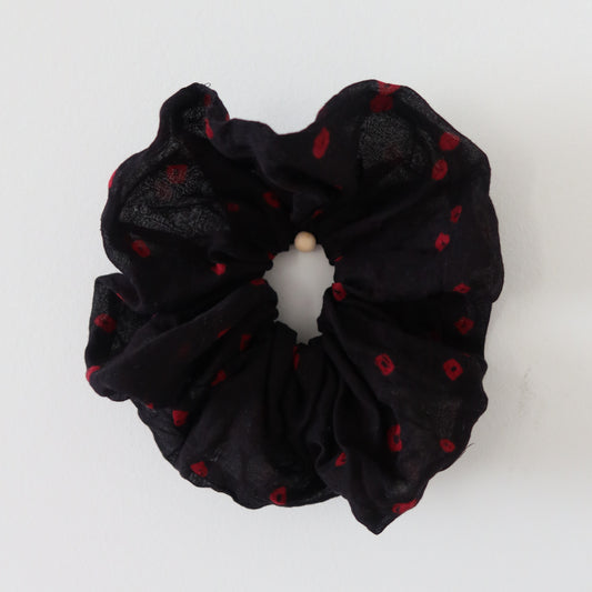 Black Bandhani Scrunchie with Red Accents - New, Upcycled