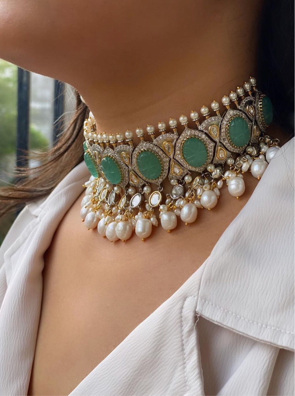 Statement Turquoise Stone & Pearl Necklace Set - Preloved