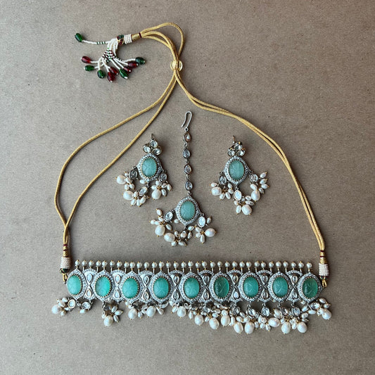 Statement Turquoise Stone & Pearl Necklace Set - Preloved