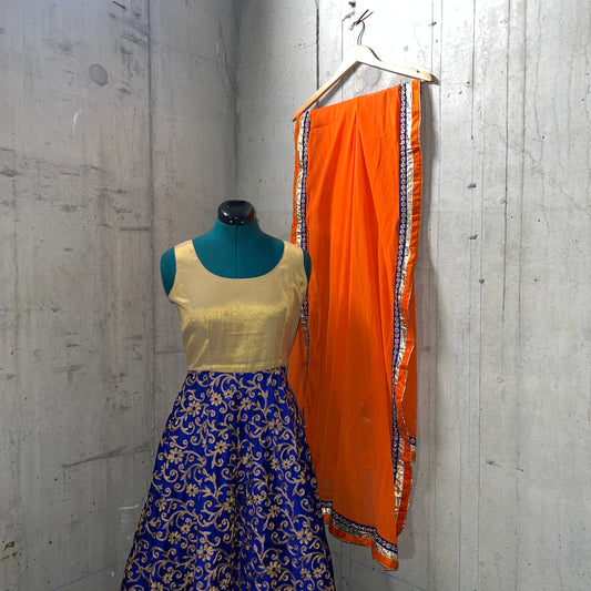 Blue and Gold Anarkali with Orange Dupatta- Preloved, 40
