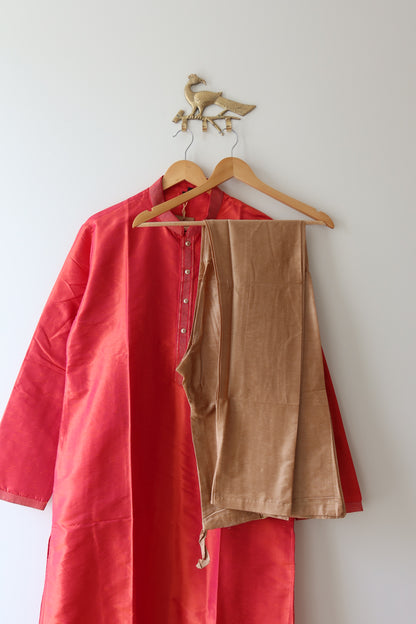 Raw Silk Pink Red Kurta Set- 40, New