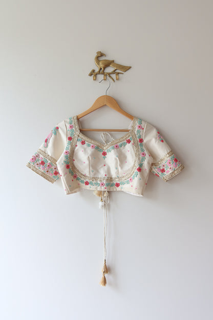 White Silk Blouse with Hand-Embroidered Pink and Blue Zari Work - 34/36, New