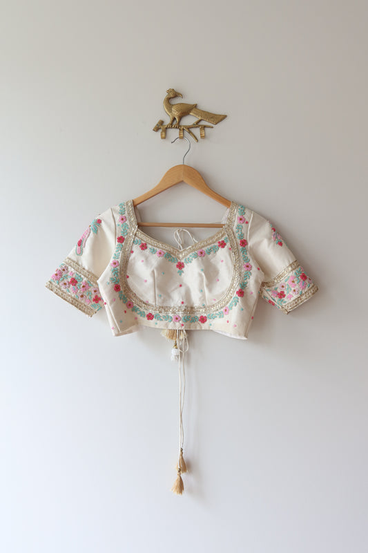 White Silk Blouse with Hand-Embroidered Pink and Blue Zari Work - 34/36, New