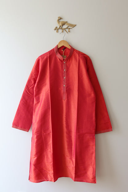 Raw Silk Pink Red Kurta Set- 40, New