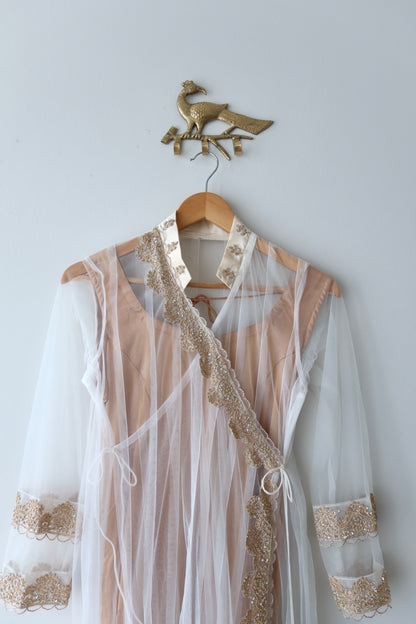 White and Bronze 3-Piece Anarkali with Zari Embroidery - Preloved