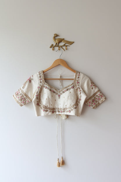White Silk Blouse with Hand-Embroidered Pink Zari Work - 34/36, New