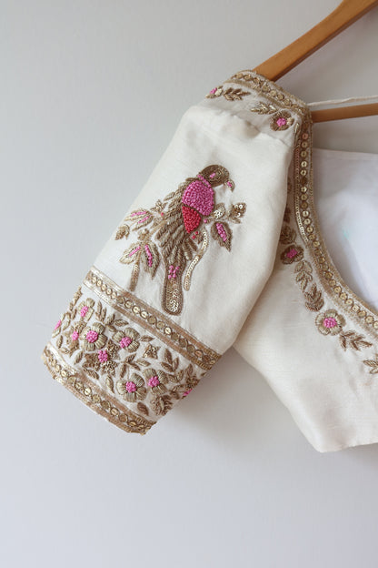 White Silk Blouse with Hand-Embroidered Pink Zari Work - 34/36, New