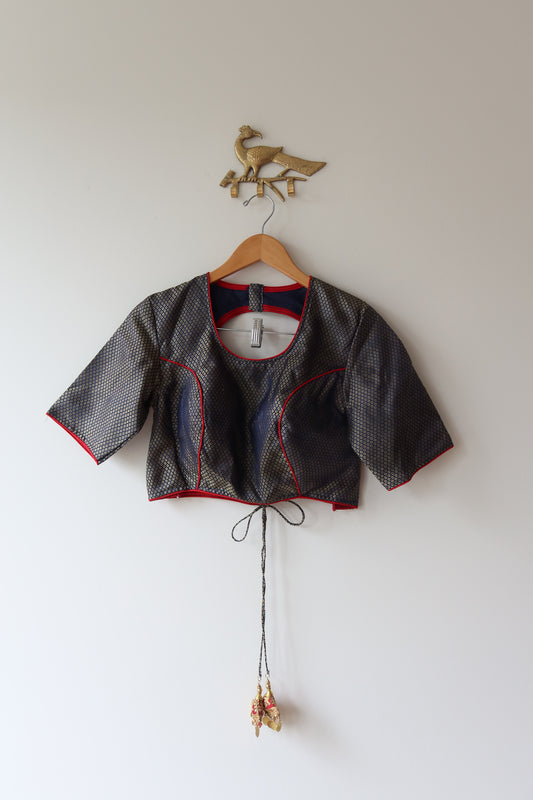 Navy Blue & Red Brocade Blouse- 40/42, New
