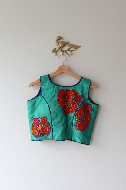 Kutch Embroidered Teal & Red Top- 38, New