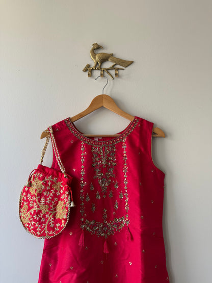 Red Silk Embroidered Salwar Kameez with matching Potli bag- New, 40
