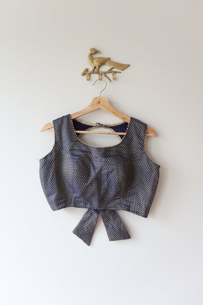 Navy Blue Sleeveless Brocade Blouse - 40, Preloved