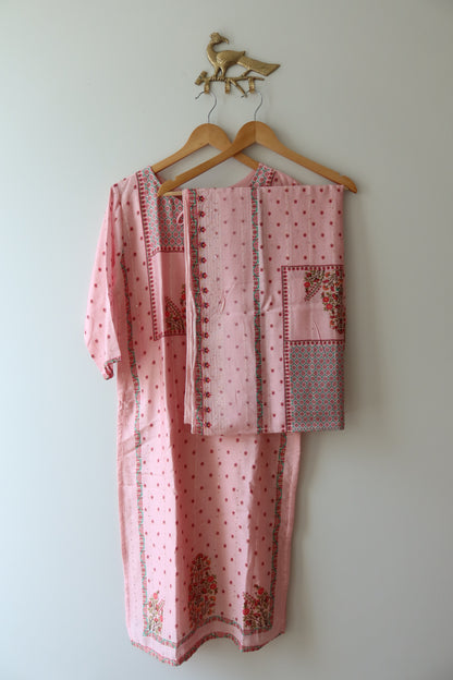 Buttery Soft Baby Pink 3-Piece Kurti Set- 40, New