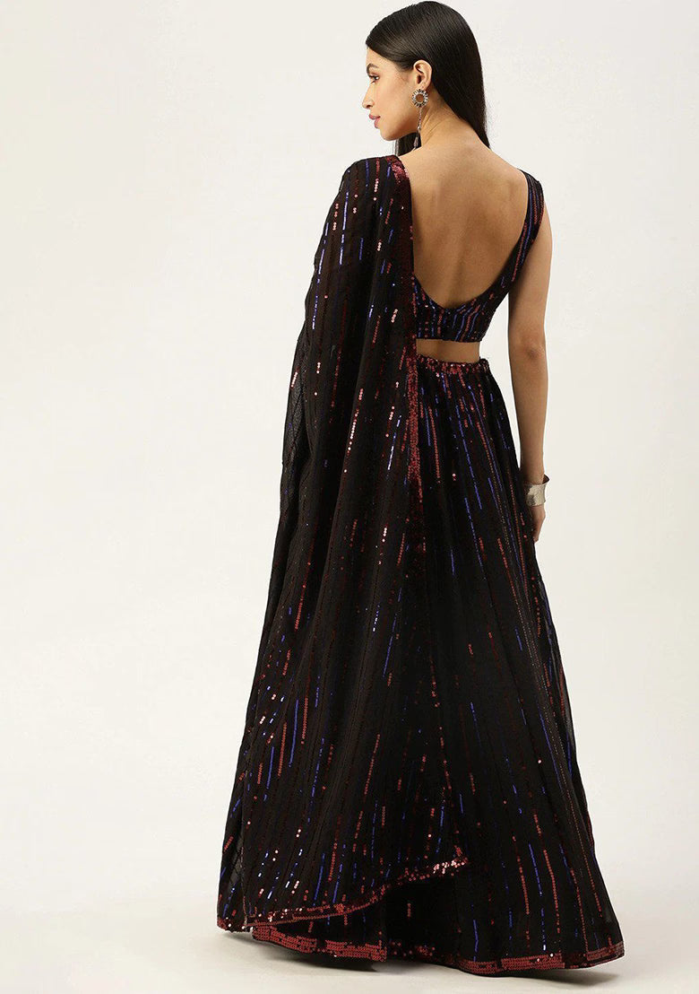 Black Georgette Sequin Lehenga Set with Red & Blue Stripes