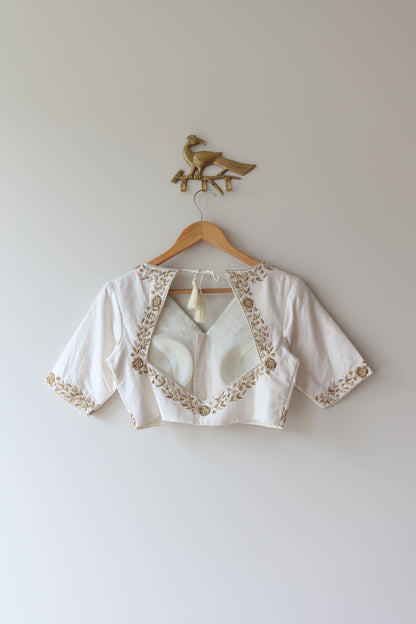 White and Gold Silk Blouse with Hand-Embroidered Zari Work - 34/36, New