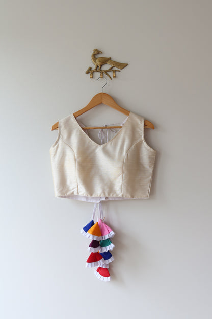 White Silk Blouse with Colorful Tassels- 36, New