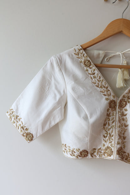 White and Gold Silk Blouse with Hand-Embroidered Zari Work - 34/36, New