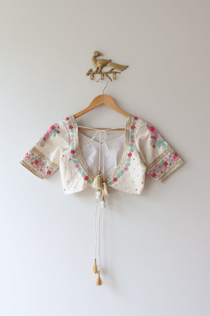 White Silk Blouse with Hand-Embroidered Pink and Blue Zari Work - 34/36, New